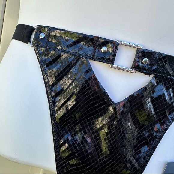 NWT Thistle & Spire chamber faux leather buckle logo thong bondage lingerie - Picture 2 of 6